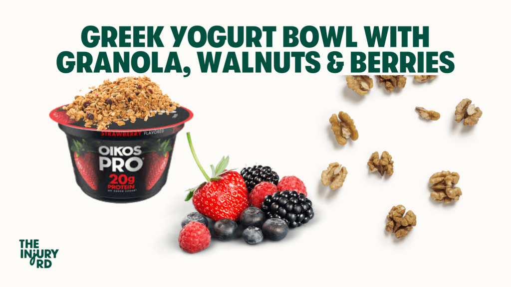 An image with greek yogurt, granola, walnuts, and berries.