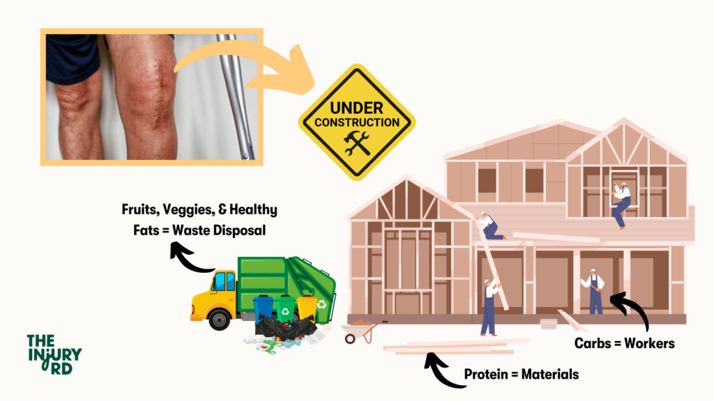 An image implying behind a scar, there is a construction site.  Workers are the carbohydrates.  Proteins are the materials.  Fruits, veggies, and healthy fats help with waste disposal.