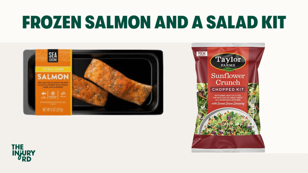 an image with ready-made seasoned frozen salmon, and a sunflower crunch chopped salad kit.