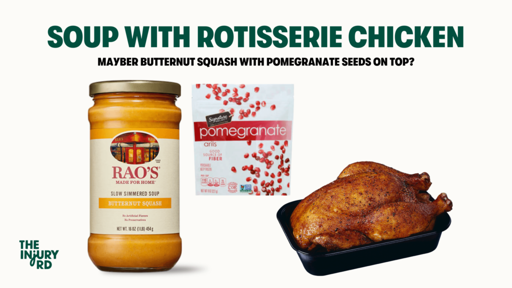 an image with butternut squash soup, pomegranate seeds, and rotisserie chicken